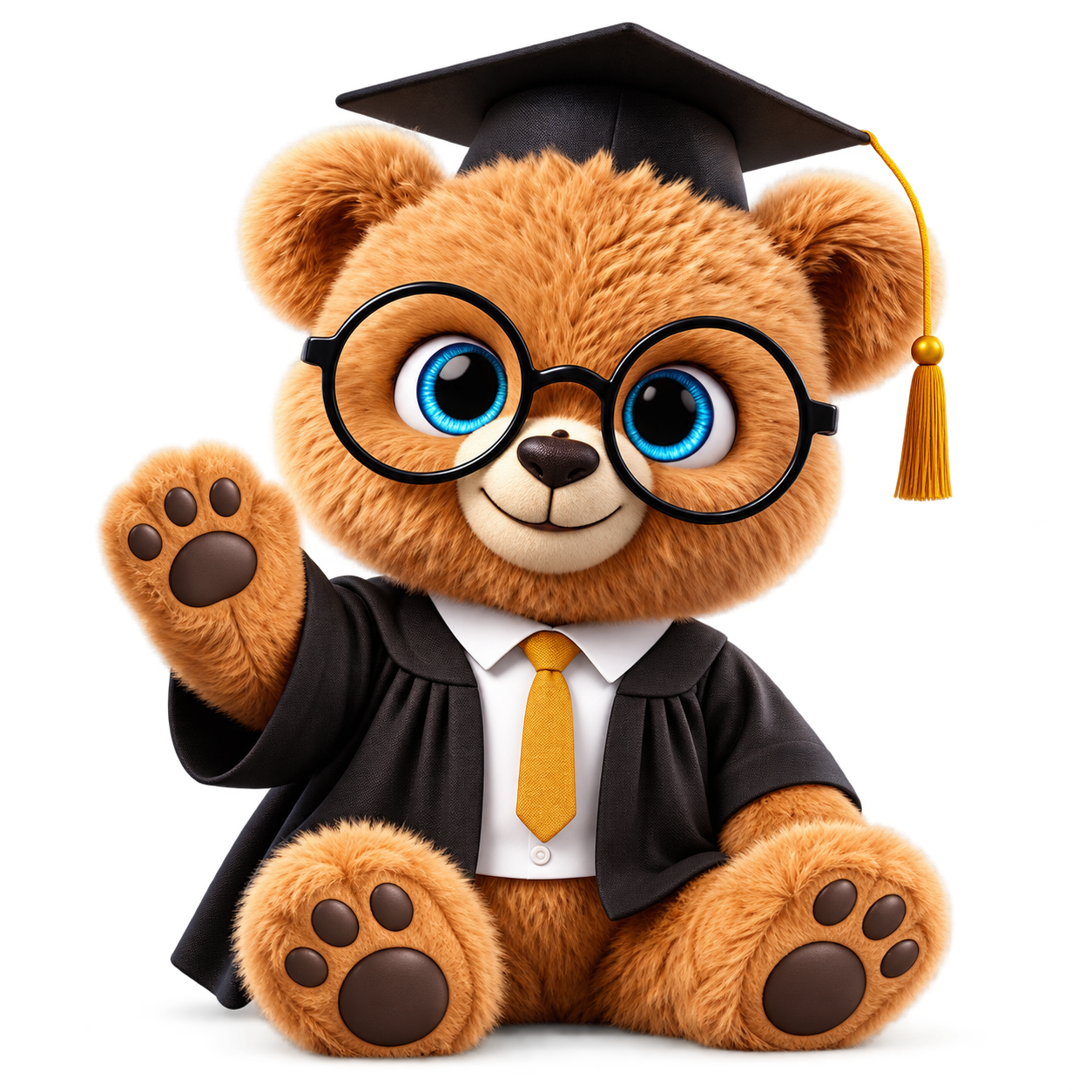 Roji, a friendly blue-eyed bear with round glasses and a graduation cap, waving hello.